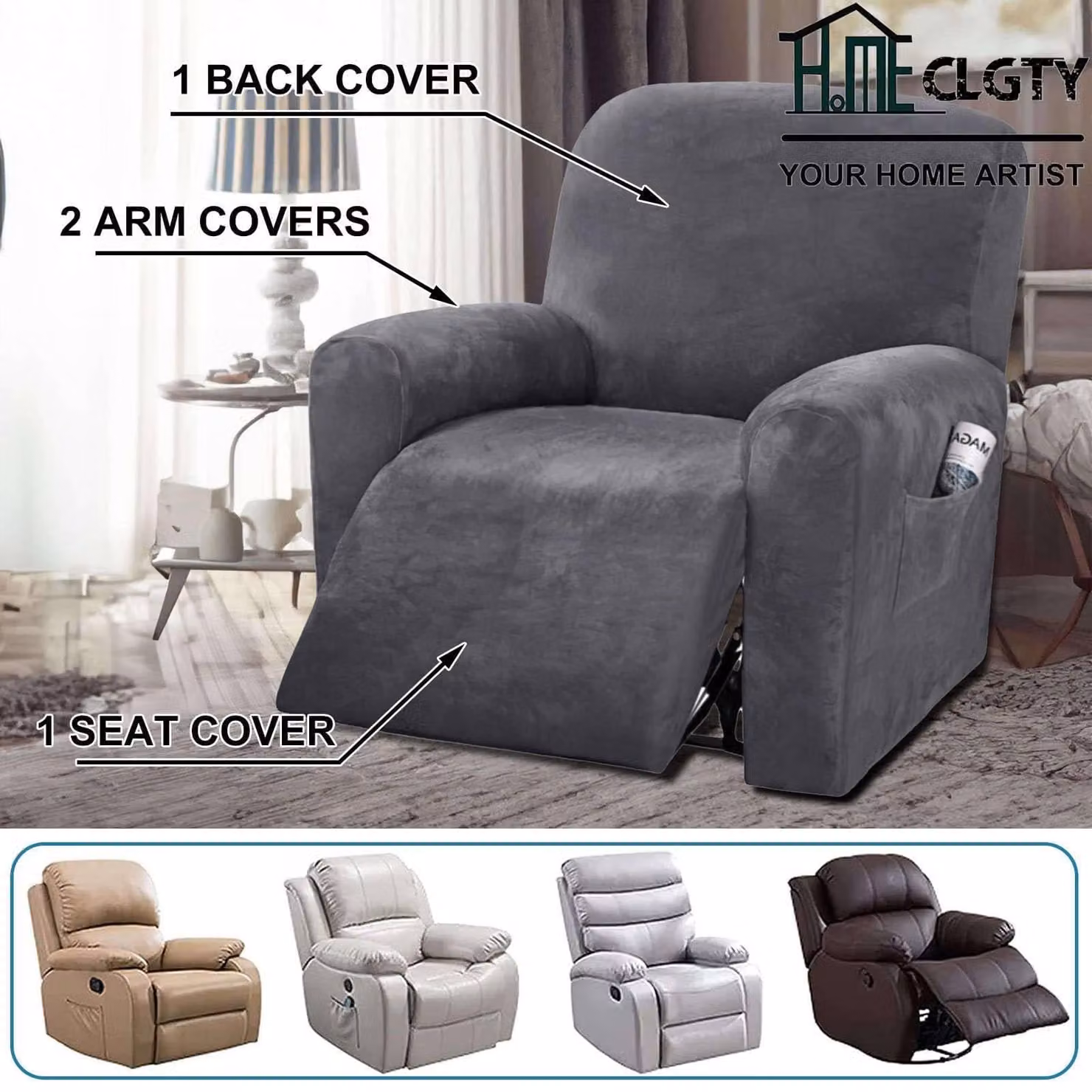 Copertura elastica in velluto, per 1 posto, colore grigio, per poltrone