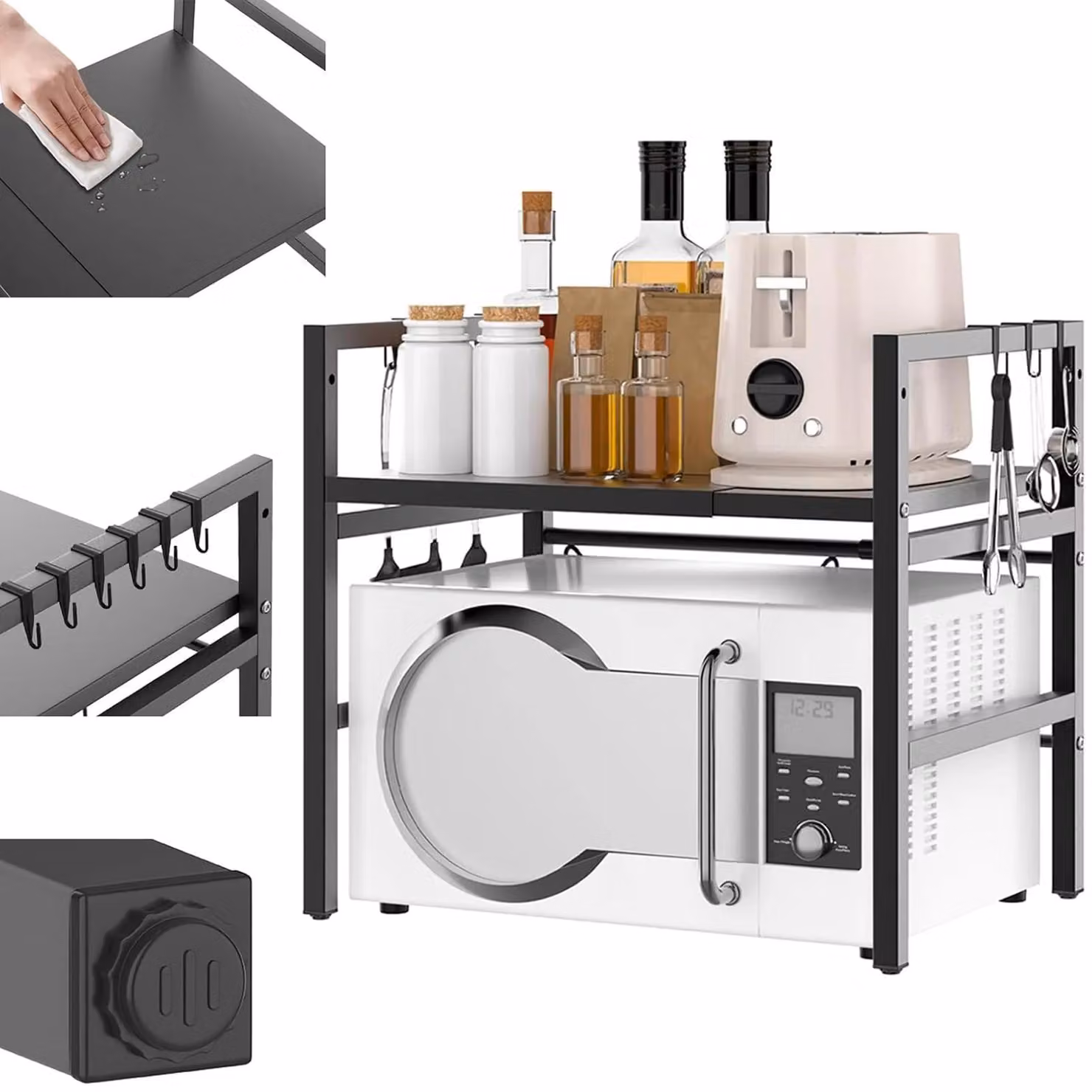 Ripiano per microonde da appoggio - Scaffale da cucina in acciaio - Dimensioni regolabili - A un ripiano - Adatto per forno a microonde e cuociriso - Porta spezie - Salvaspazio