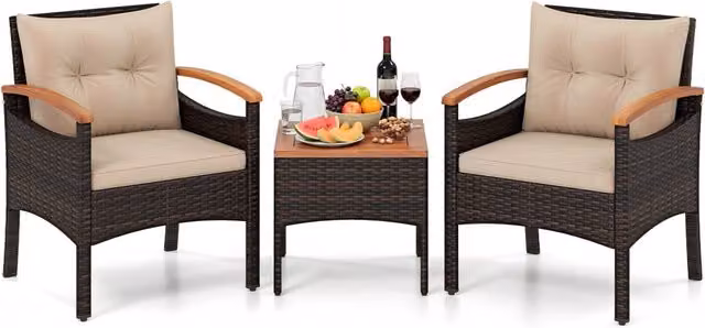 Set di divani in rattan per esterni con tavolino, Set di mobili da patio 3 pezzi per cortile Beige