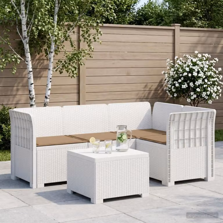 Set da giardino vidaXL a forma di L con divano da 4 posti, tavolino e cuscini in polyrattan, colore beige e bianco