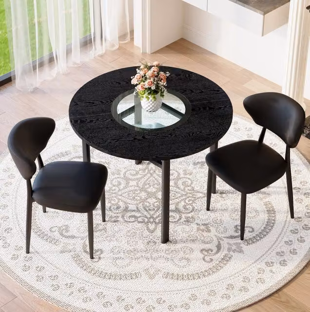 Set tavolo rotondo Ø100 cm con piano MDF e vetro; sedie in PU nero