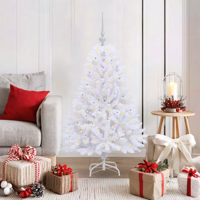 Albero di Natale Artificiale Moderno vidaXL Bianco con Luci LED e Rami Pieghevoli, Altezza: 120 cm