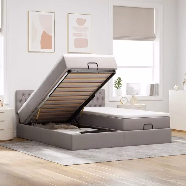 Letto con contenitore a sollevamento vidaXL in tessuto beige e grigio L: 200 cm, P: 200 cm, H: 280 cm