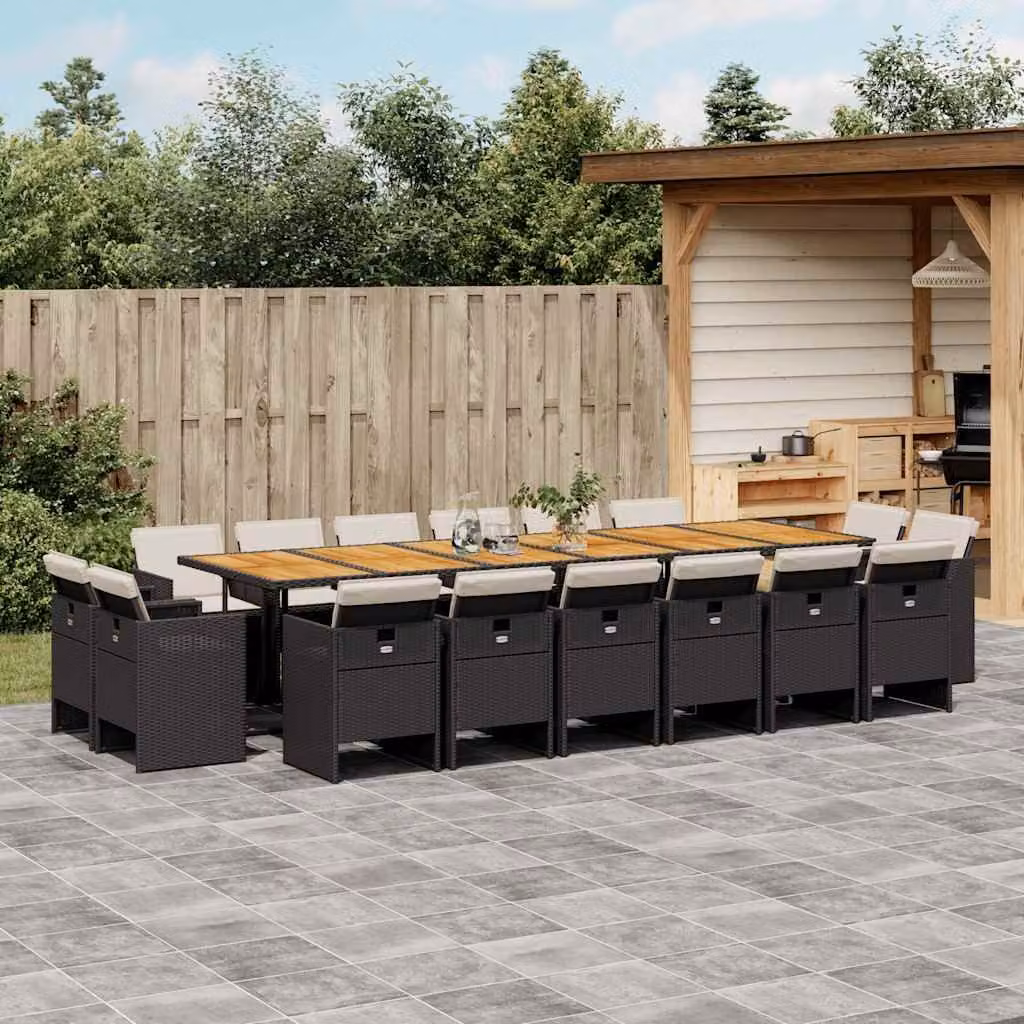 vidaXL Set da Pranzo da Giardino 17 pz in Polyrattan e Legno di Acacia con Cuscini Nero e Marrone – 1