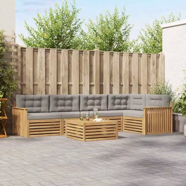 Set di divani da esterno a L vidaXL composto da 6 pezzi con tavolino da caffè, in legno di acacia e tessuto resistente ai raggi UV, Bianco e Grigio