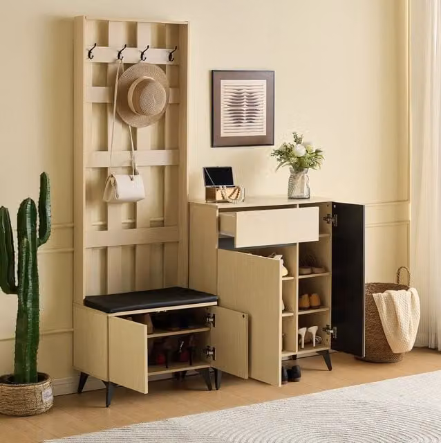 Set guardaroba moderno con panca e sideboard in MDF finitura legno chiaro per ingresso e soggiorno