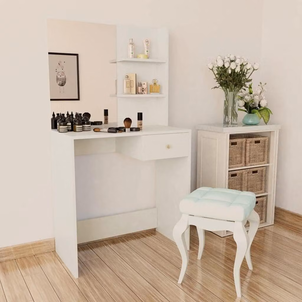 Comò da trucco moderno in legno, 75x40x141 cm, bianco