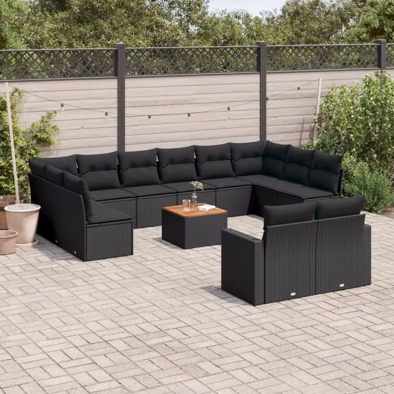 Set di Divani da Giardino vidaXL 13pz a Forma di U con Cuscini e Tavolino, Colore Nero, Struttura in Acciaio e Legno di Acacia