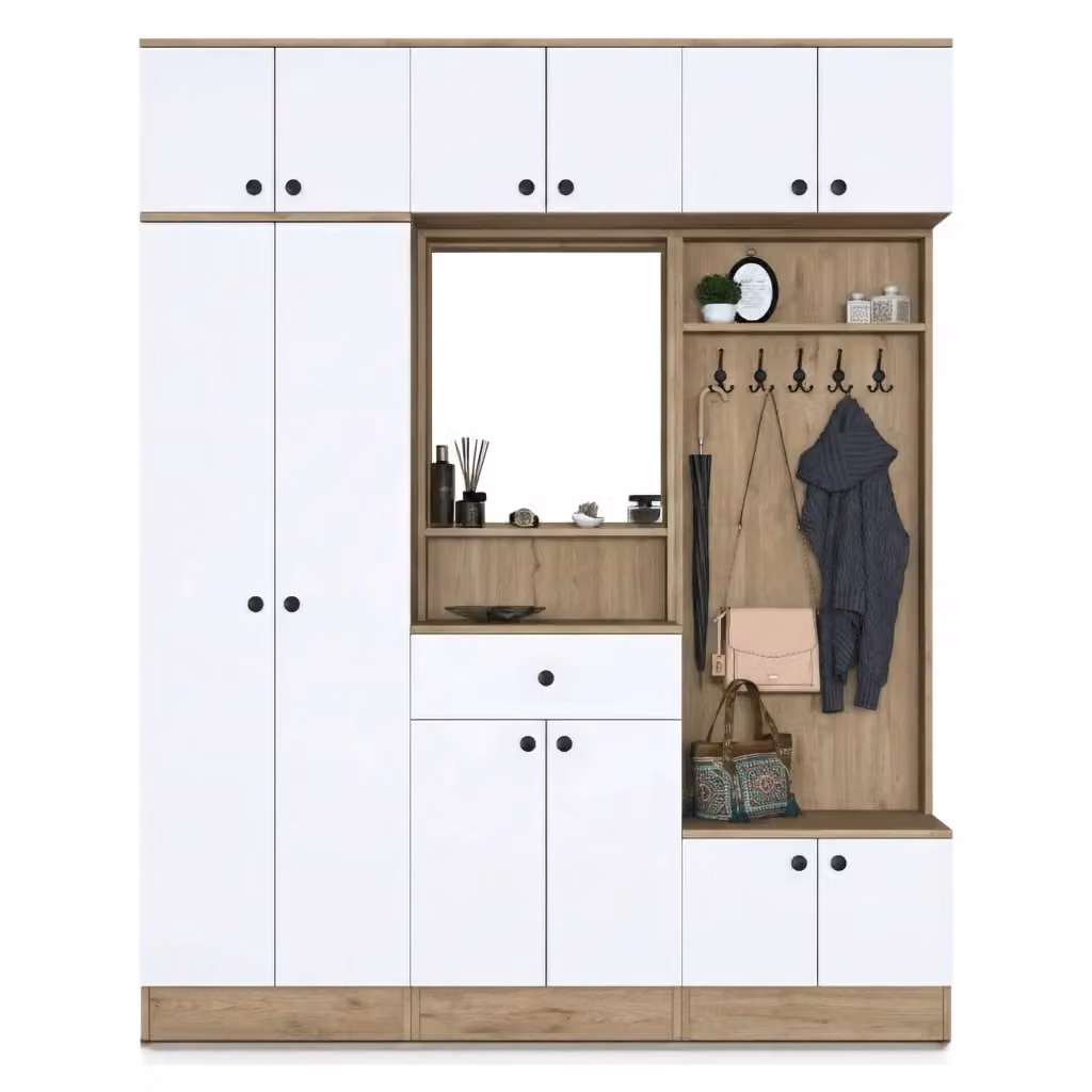 Mobile da ingresso Adonis DMORA con specchio, Marrone Noce e Bianco, L: 180 cm, P: 38 cm, H: 226 cm – 2