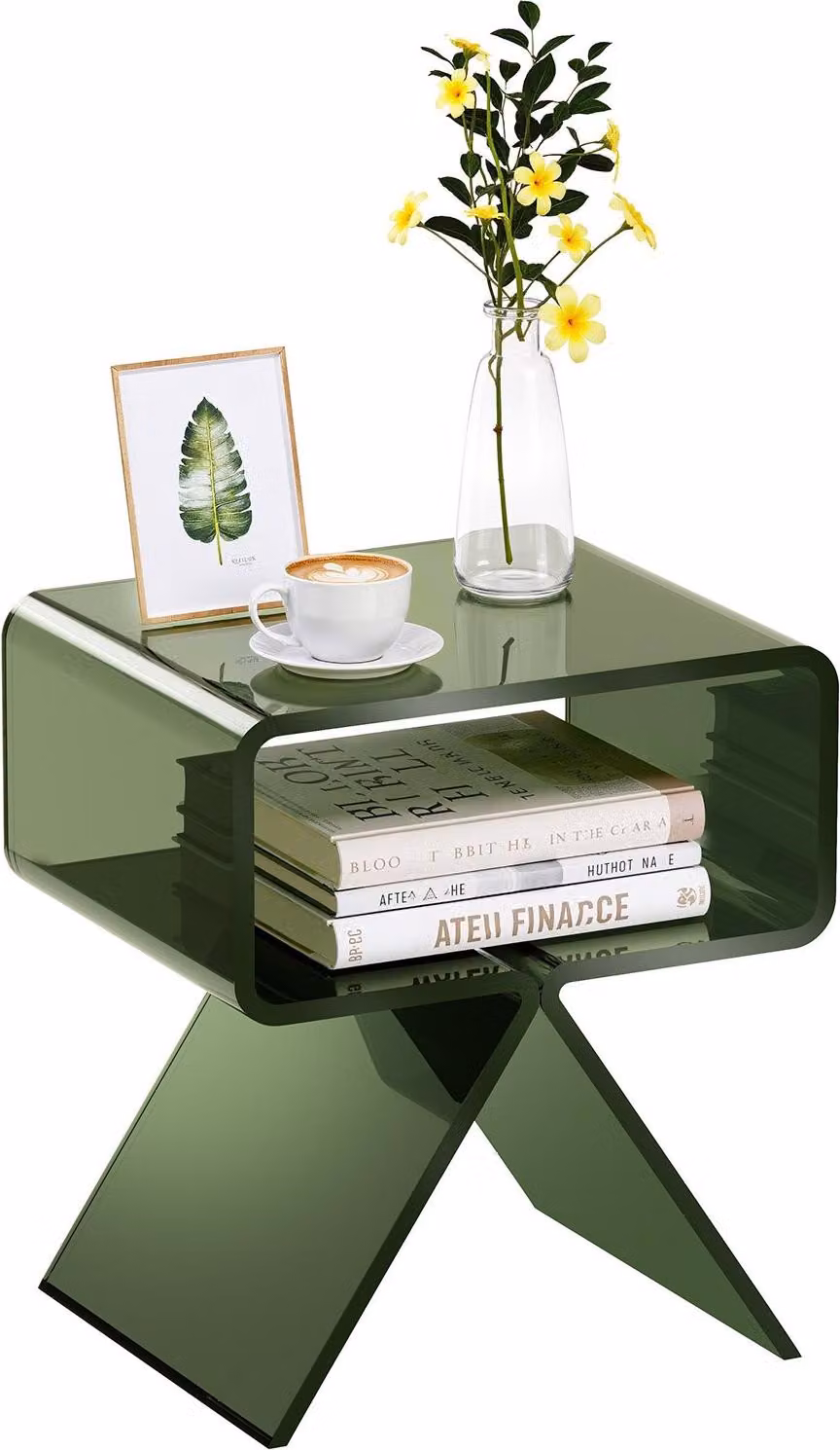 Tavolino in acrilico - Comodino/tavolino da salotto - Trasparente con ripiano - Rettangolare - Dimensioni 30 x 39,1 x 43 cm - Design moderno - Verde
