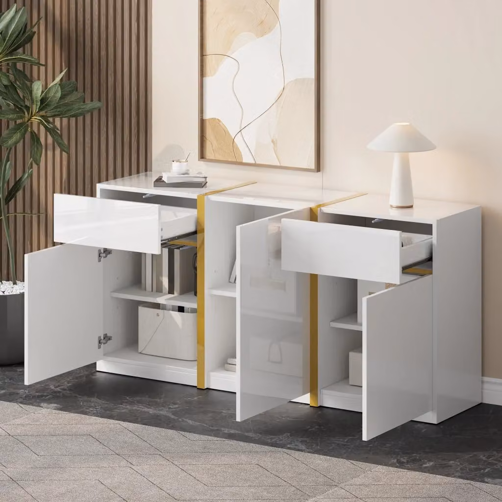 Credenza moderna con 3 ante e 2 cassetti con ripiani regolabili, finitura lucida bianca e oro per soggiorno e sala da pranzo, L/P/H: 160 x 40 x 78 cm – 2