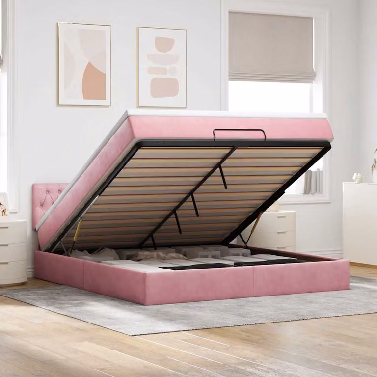 vidaXL Struttura Letto con Materasso e Contenitore a Sollevamento in Velluto Rosa, L: 180 cm, P: 200 cm, H: 88 cm