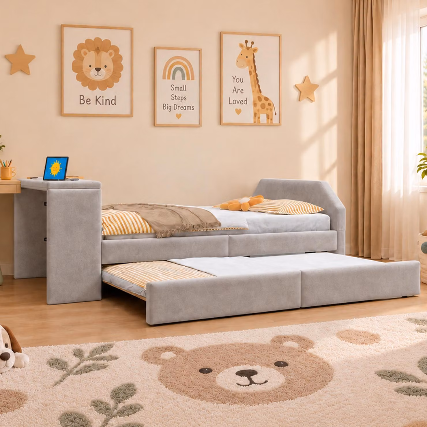 Letto imbottito Flieks 90 x 200 cm con scrivania, letto singolo con letto estraibile per ospiti, lettino per bambini con porta USB, colore grigio, tessuto velluto, legno e metallo