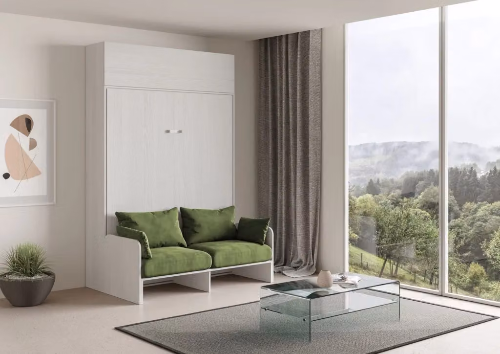 Letto Matrimoniale A Scomparsa Kentaro con Divano e Pensile, Bianco Frassino e Verde, L/P: 160 x 200 cm – 2