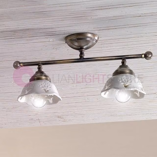 RIPARBELLA Plafoniera a 2 Luci in Ceramica e Ottone Rustico Country