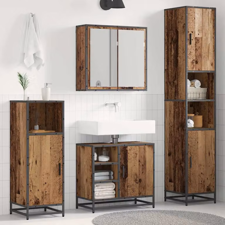 Set di mobili per il bagno vidaXL 3 pezzi in legno e metallo marrone con specchio e illuminazione LED L/P/H: 65 x 33 x 60 cm