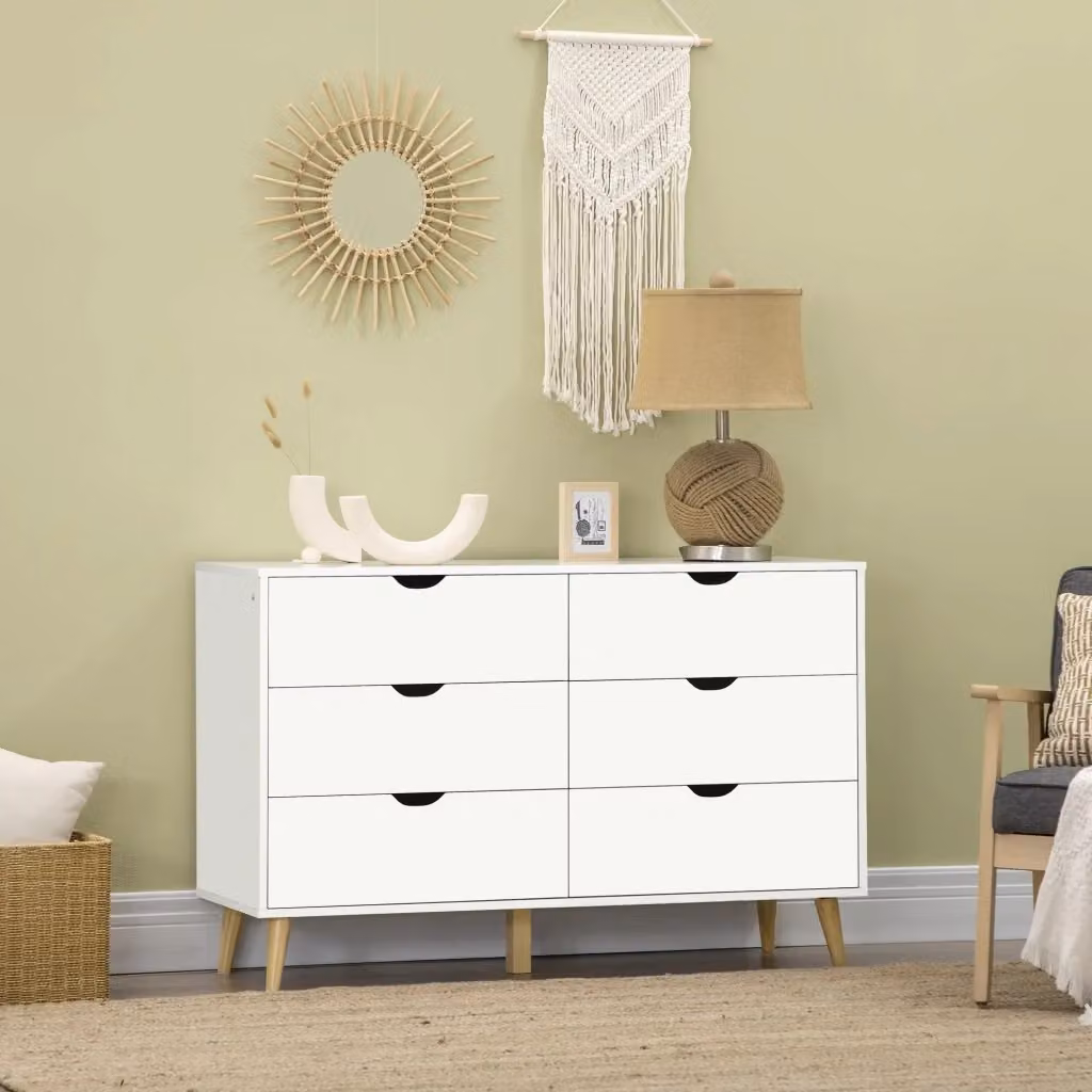 Cassettiera GIORDANOSHOP con 6 cassetti in legno di pino, bianca e marrone, L/P/H: 120 x 40 x 76 cm – 2