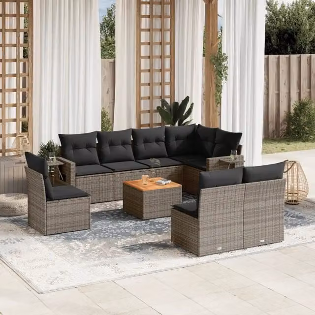 Set Divano da Giardino 9 pz con Cuscini Grigio in Polyrattan 3224604