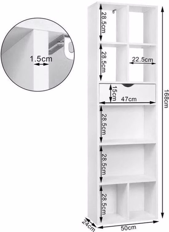 Libreria autoportante con vano portaoggetti – 6 scomparti – 1 cassetto – 50x24x168 cm – Bianco