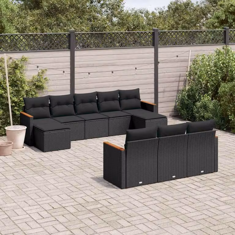 Set Divani da Giardino vidaXL a Forma a U in Polyrattan Nero con Cuscini e Ottoman