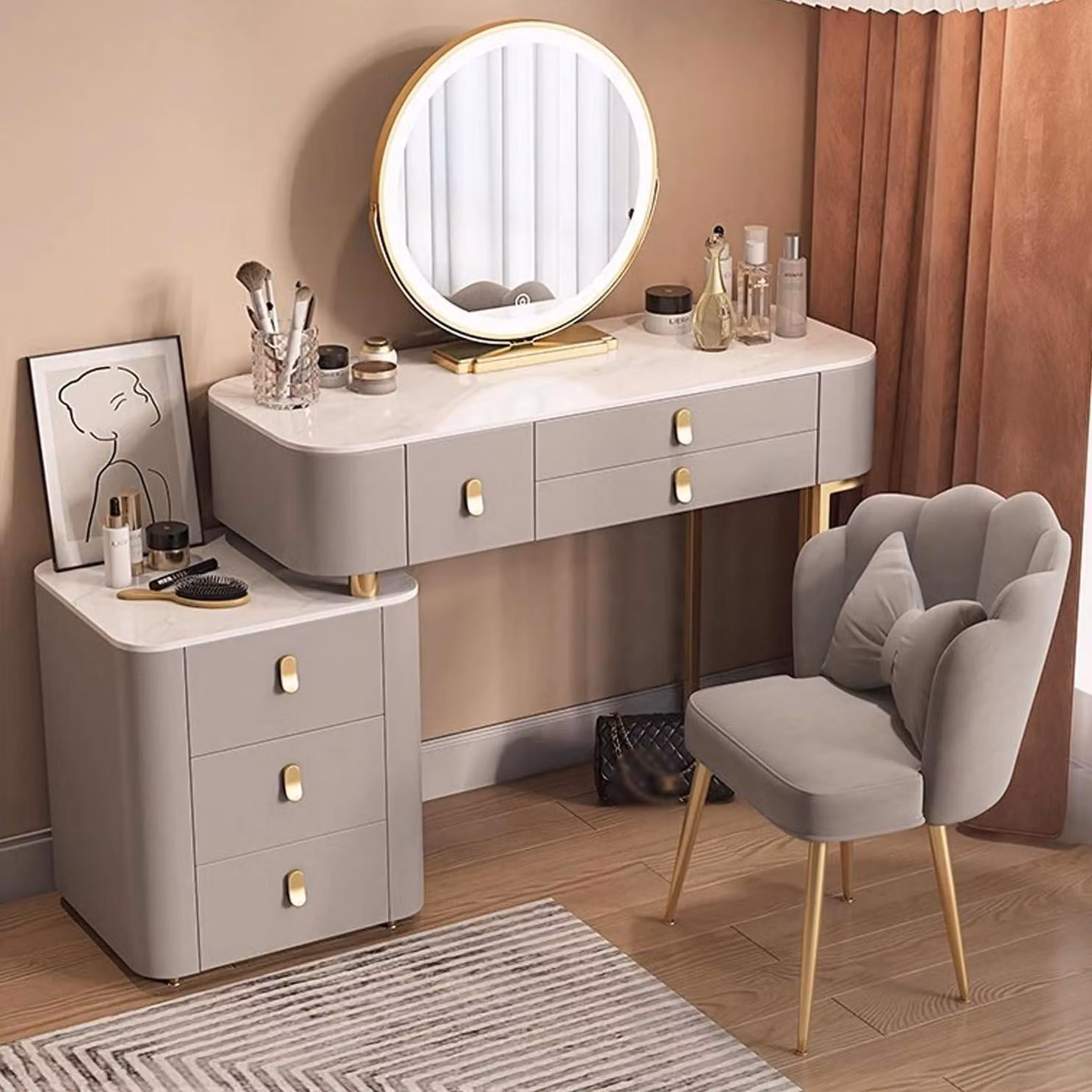 Comò da trucco con cassetti, set da trucco con specchio e sgabello, 100 cm, colore grigio