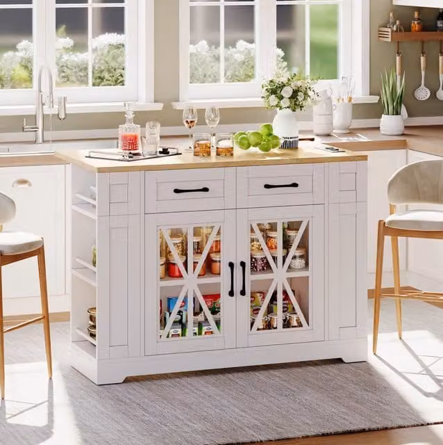 Isola da cucina moderna su ruote in MDF con tavolo pieghevole, ante in vetro e prese AC e USB, bianco e naturale, L: 120 cm, H: 92 cm, P: 65 cm