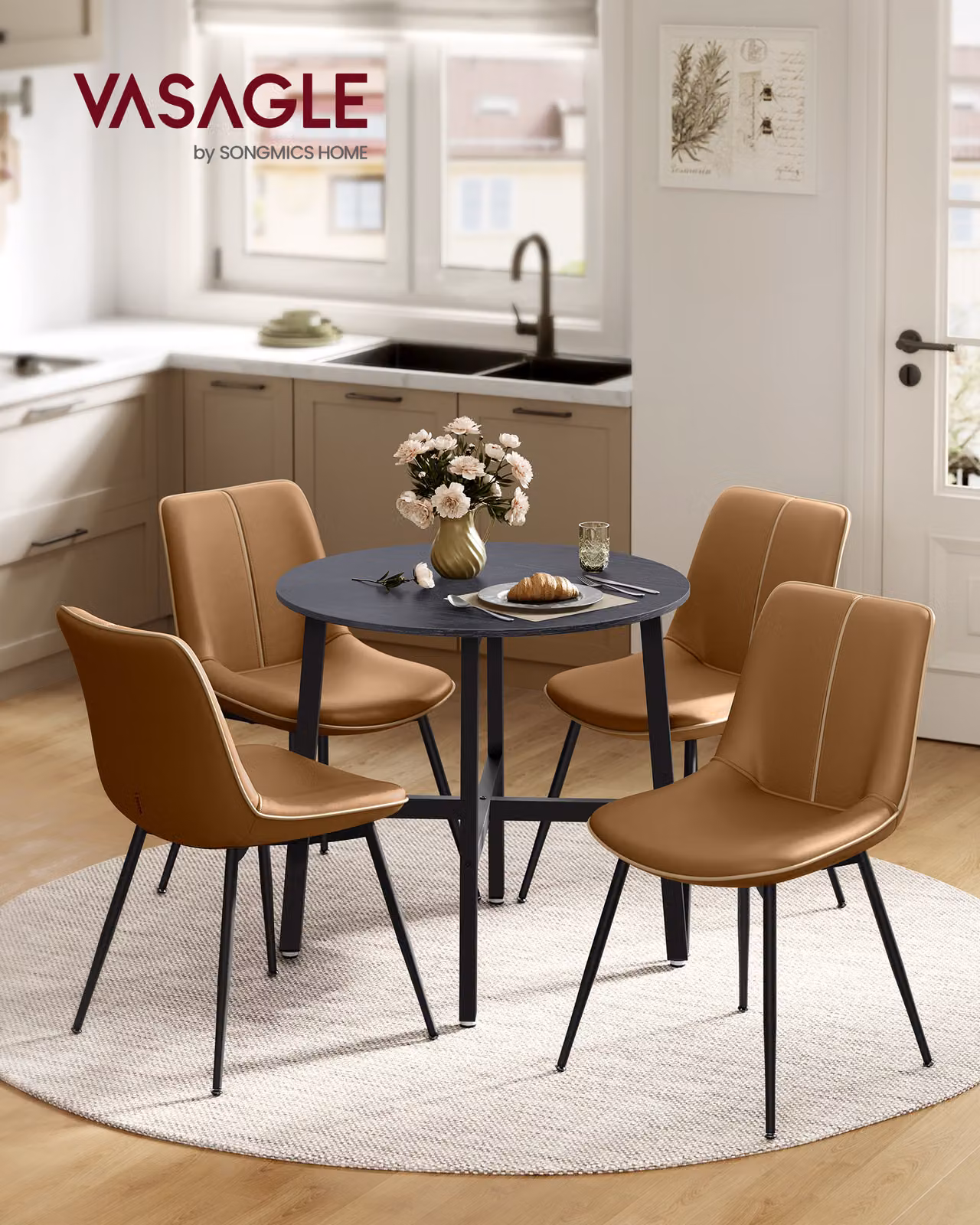 VASAGLE Tavolo da pranzo, 80 x 75 cm (Ø x H), tavolo da cucina rotondo, design industriale, nero