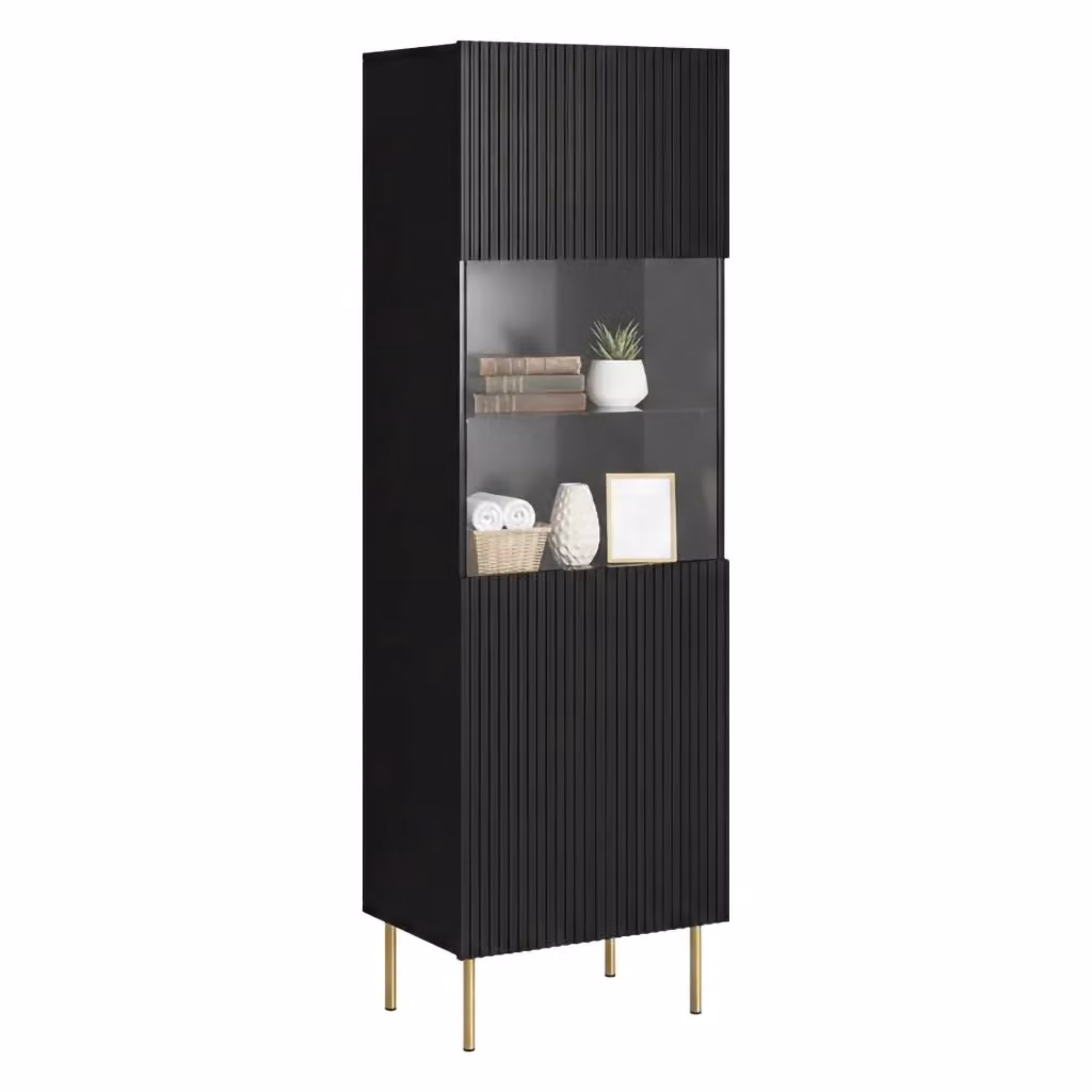 Vetrina Raccuja DMORA per soggiorno con ante in vetro e chiusura soft-close, Nero opaco, L: 60 cm, P: 42 cm, H: 183 cm – 2