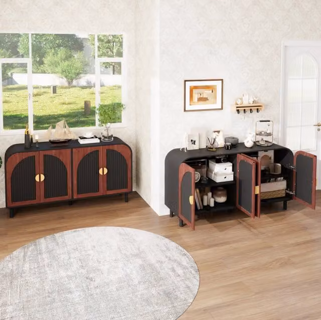 Credenza retrò con 4 ante curve, ripiani regolabili e chiusura soft-close, nero e noce scuro – 1