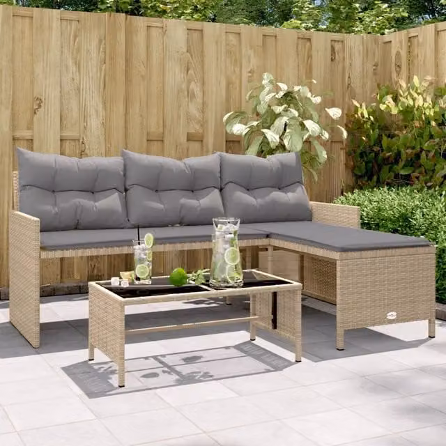 Divano Giardino con Tavolo e Cuscini a L Beige Misto Polyrattan 365576
