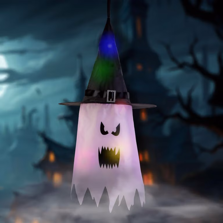 Decorazione LED per Halloween - fantasma - rosa - 10 LED multicolore - da appendere - alimentazione: 2 batterie CR2032 - dimensioni: 75 x 35 cm