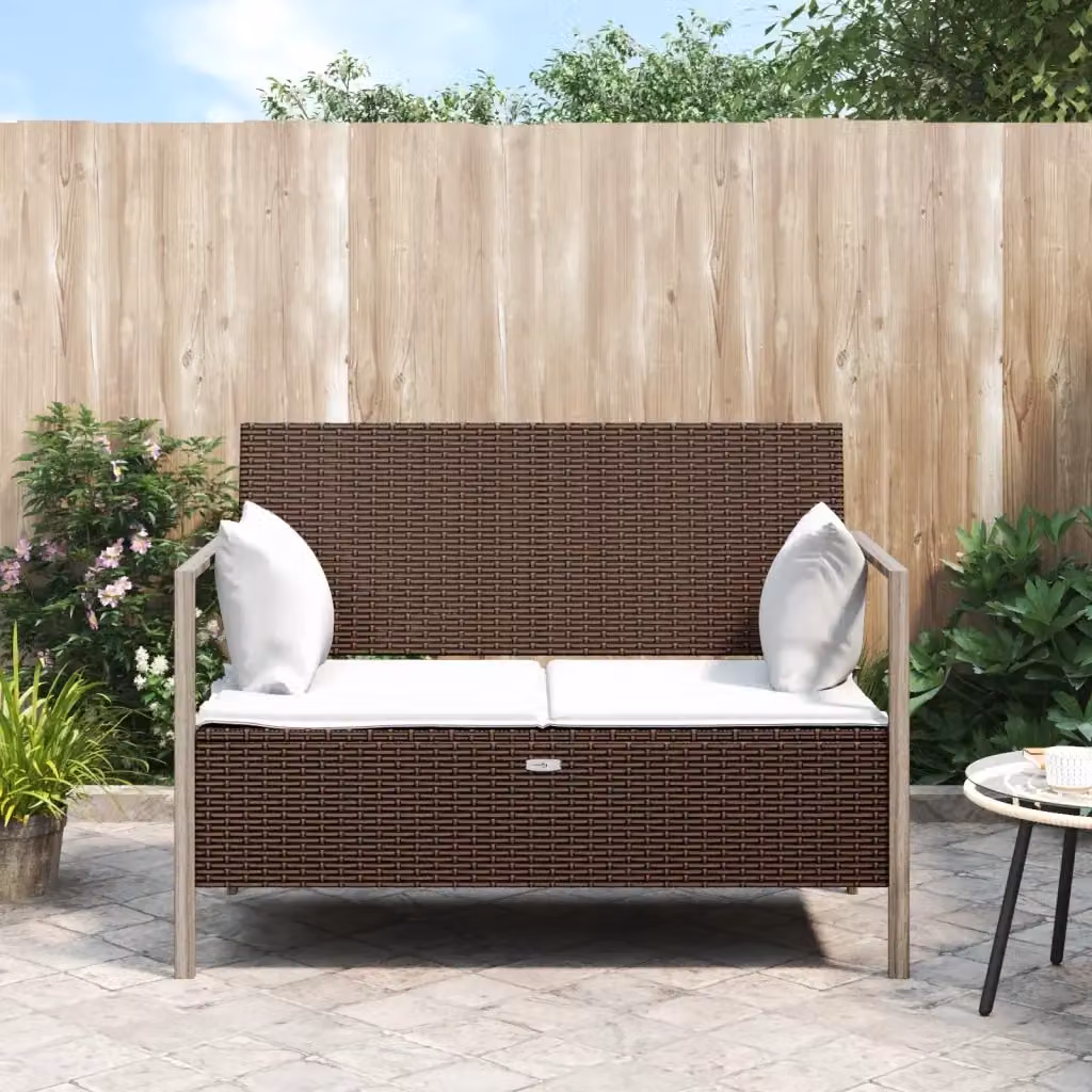 Panchina da giardino a 2 posti in polyrattan marrone con cuscini bianchi L: 112 cm, P: 59 cm, H: 82,5 cm – 2