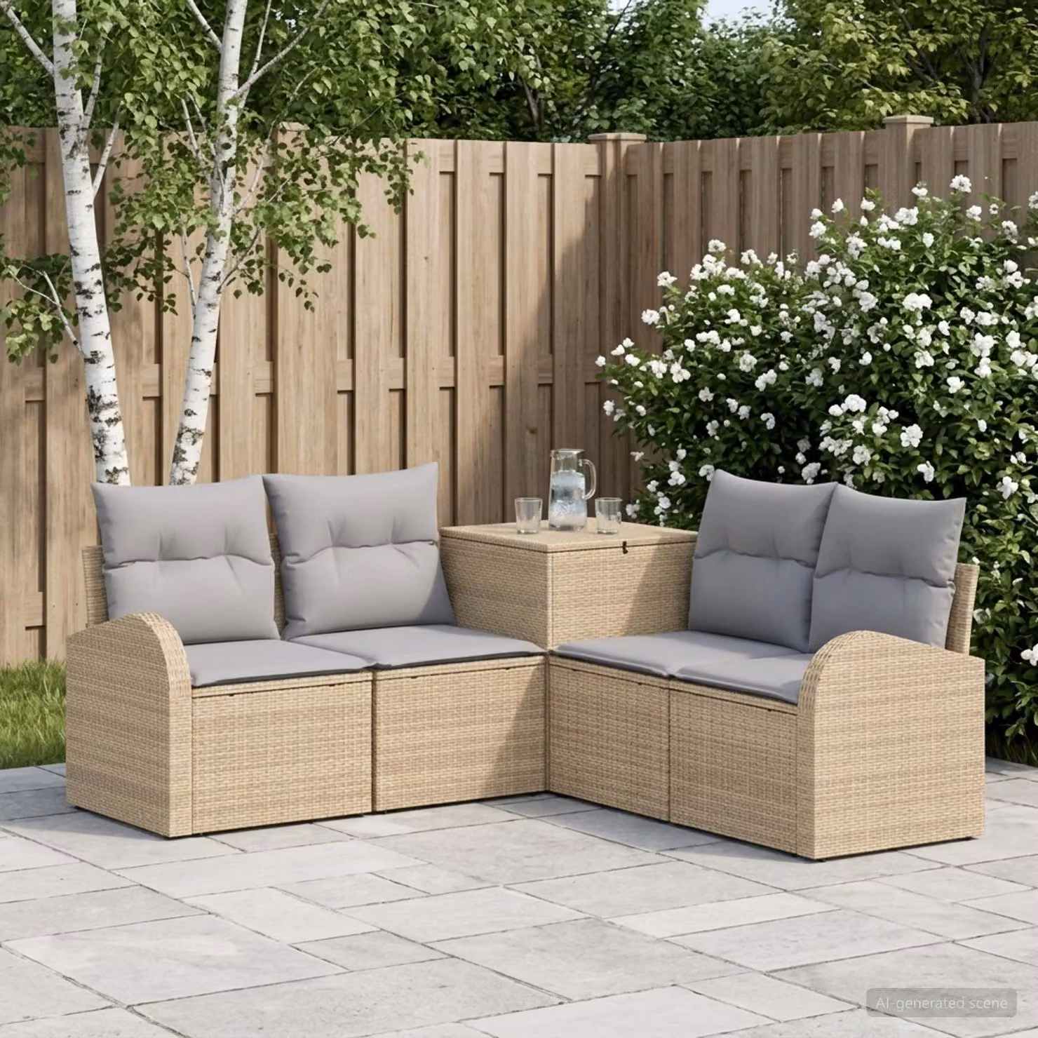 Set di divani da giardino vidaXL a forma di L composto da 5 pezzi in beige e grigio con struttura in metallo e cuscini inclusi