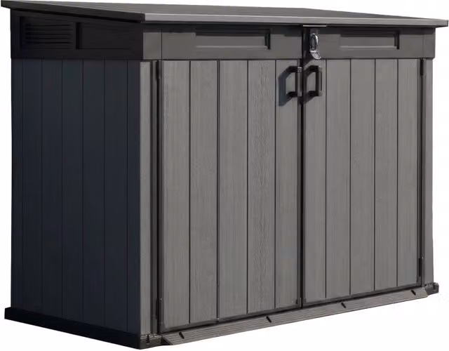 Armadio da giardino Keter Cortina Mega in resina grigia con finitura effetto legno e 2 ante per deposito attrezzi L: 190,5 cm, P: 132,5 cm, H: 109,3 cm – 1
