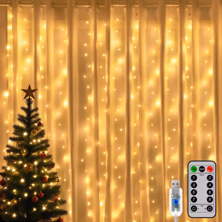 Tenda luminosa a LED, 300 LED bianco caldo, dimensioni 3x3 metri, grado di protezione IP44, con telecomando