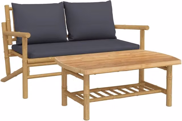 Set Salotto da Giardino Moderno DESIGN IN in Bambù con Divano a 2 Posti, Tavolino da Caffè e Cuscini Grigio