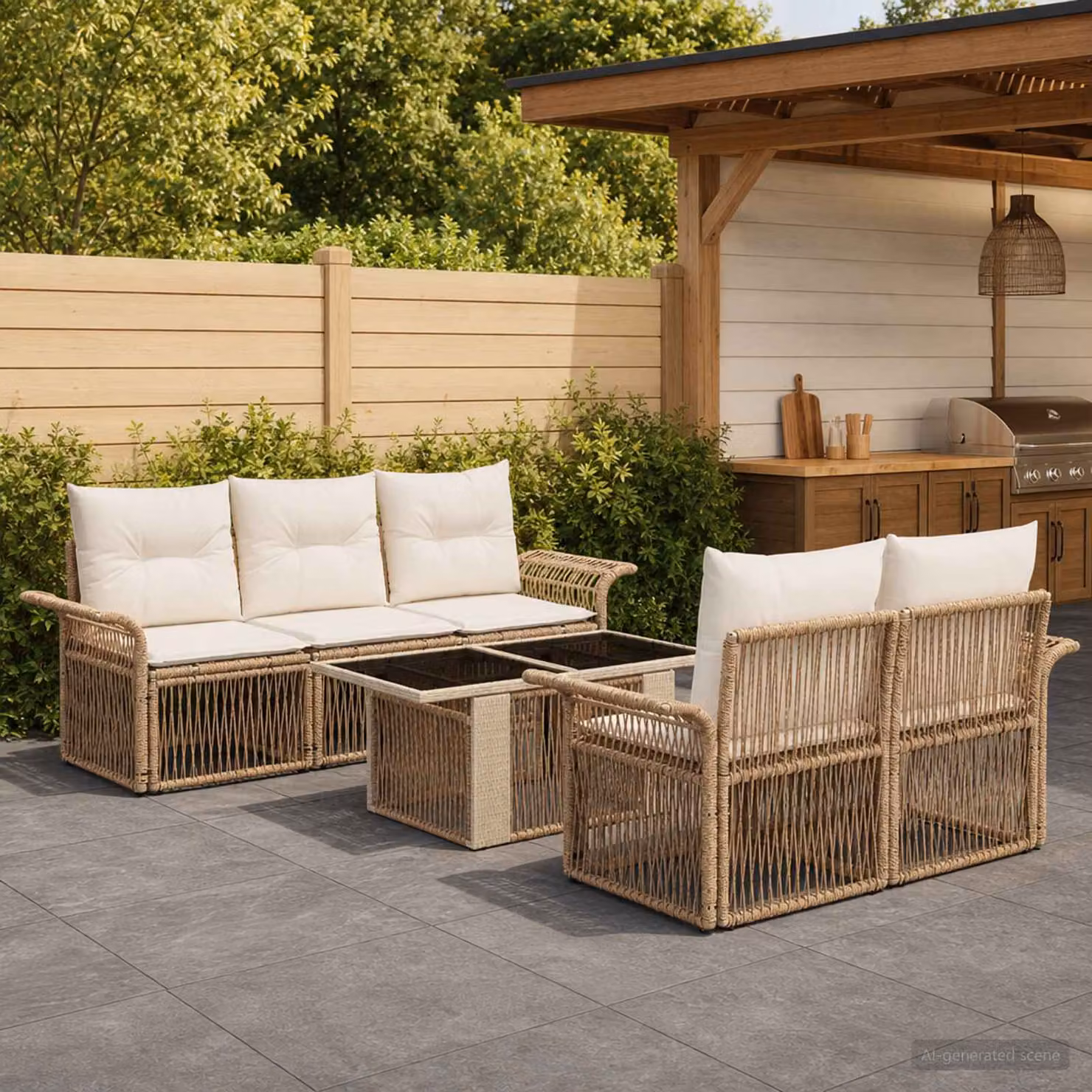 Set Divano da Giardino 6 pz vidaXL in Polyrattan Beige e Bianco con Tavolino e Cuscini