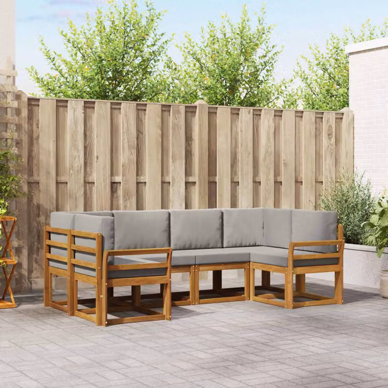 Set di divani da esterno vidaXL a forma di L composto da 6 pezzi in legno di acacia con cuscini in tessuto grigio e marrone