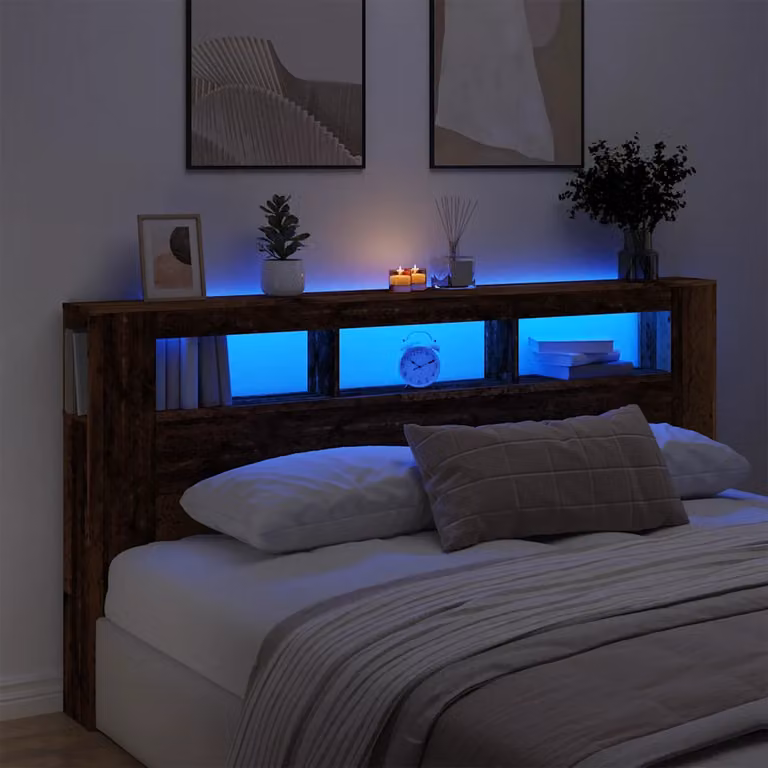 Testiera Letto con LED e Porta USB vidaXL in Legno Antico Marrone L: 200 cm, P: 18,5 cm, H: 103,5 cm