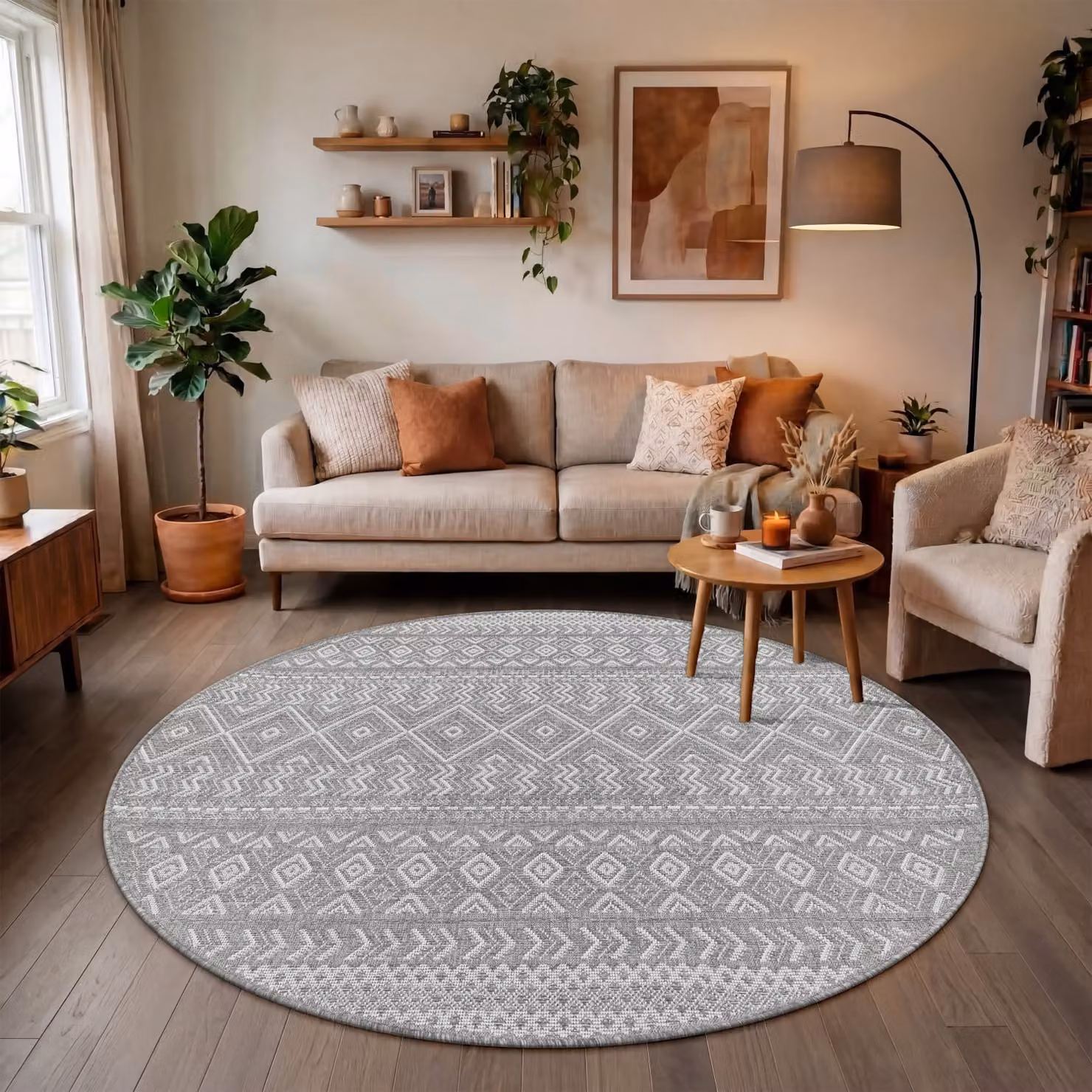 Tappeto rotondo Verona grigio e beige per interni ed esterni, Diamon, Diametro: 160 cm – 2