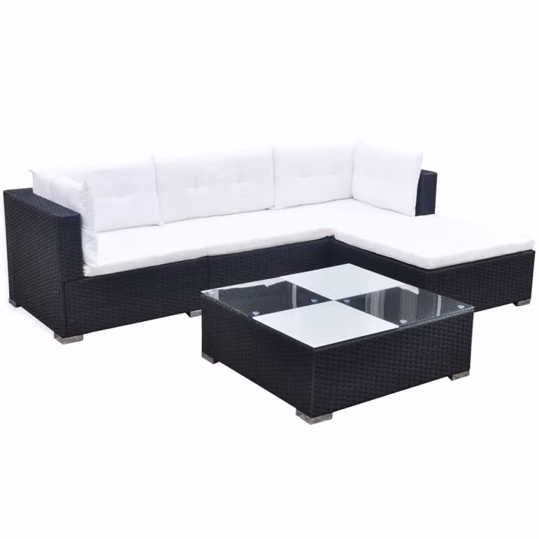 The Living Store Set da giardino 5 pezzi con cuscini in poly rattan nero