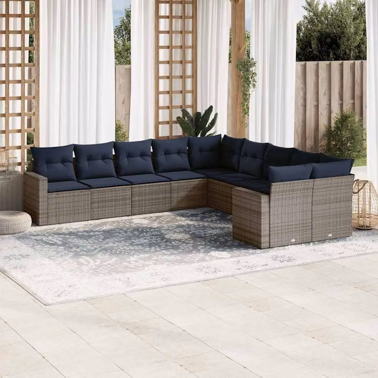 vidaXL Set di Divani da Giardino 10 Pezzi in Polyrattan Grigio con Cuscini e Design a L