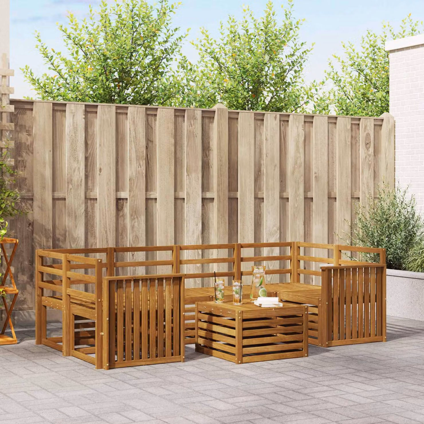 vidaXL Set di divani da esterno 7 pz in legno di acacia massello marrone con cuscini e tavolino da caffè
