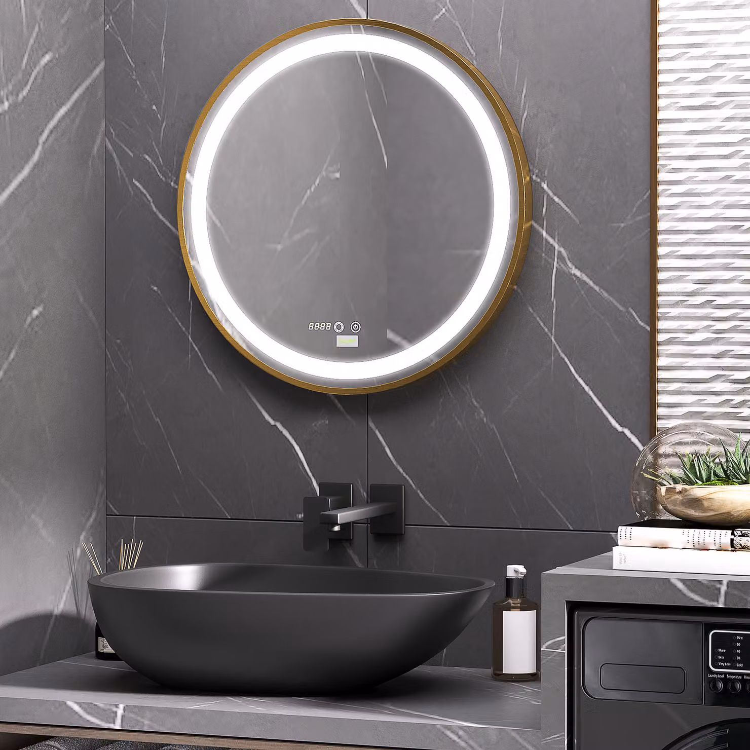 Specchio da bagno rotondo kleankin con luce LED regolabile a 3 tonalità e funzione memoria, colore oro, Ø 60 cm – 2