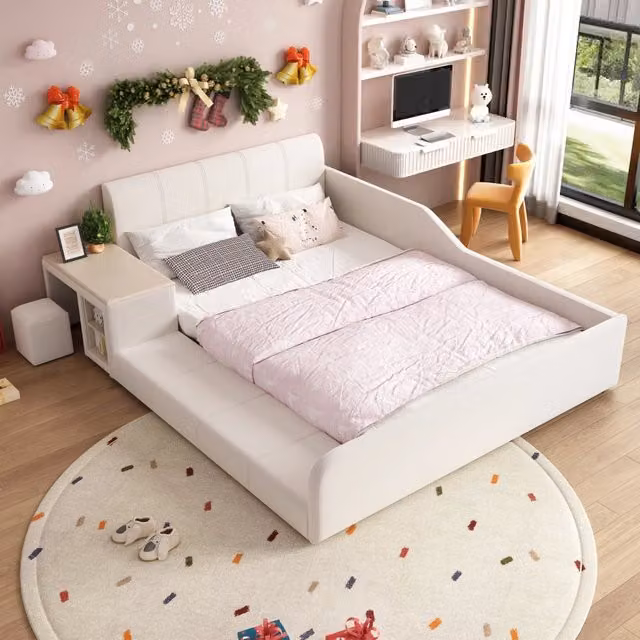 Letto per bambini a 2 posti 140 × 200 cm con scrivania, sgabello e ripiano, senza materasso, in velluto bianco
