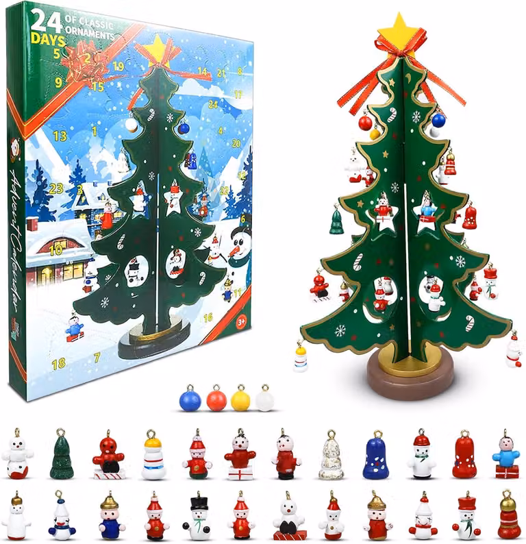 Calendario dell'Avvento 2025 - Albero di Natale in legno e decorazioni - Conto alla rovescia per il Natale - Decorazioni natalizie - Ornamento da realizzare a mano - Regali di Natale (Ornamento B)