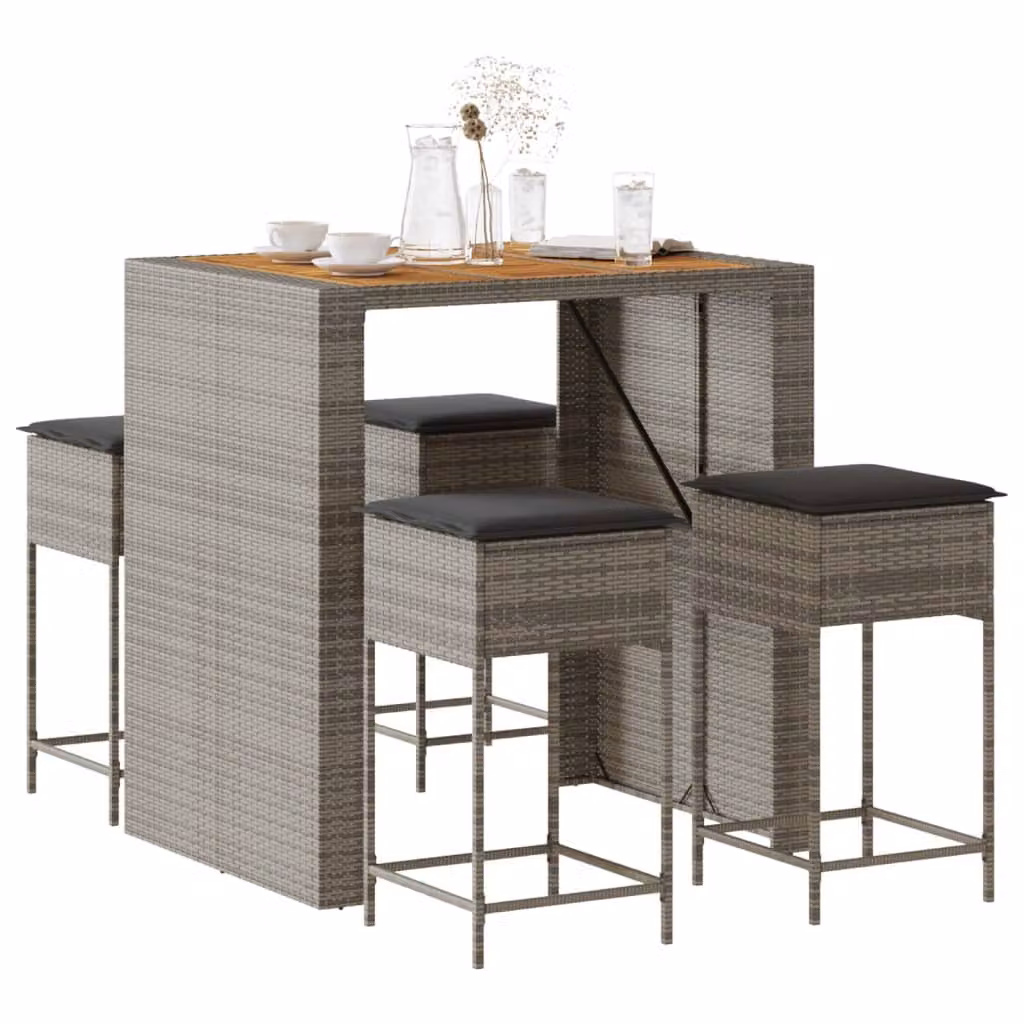 Set Bar da Giardino vidaXL 5 pz in Polyrattan e Legno di Acacia con Cuscini Grigio