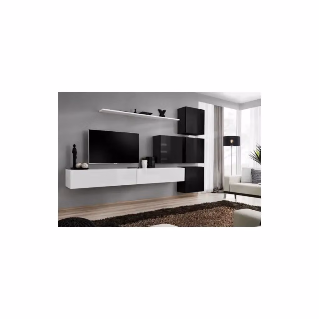 Composizione murale sospesa SWITCH IX Meublorama per mobile TV bianco lucido e nero con illuminazione integrata L 310 cm x H 200 cm x P 40 cm – 2