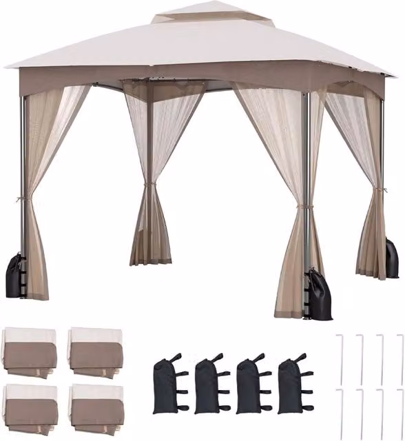Gazebo da giardino Costway impermeabile con rete mesh e tetto ventilato a doppio strato, tenda regolabile in altezza per feste e picnic, beige – 1