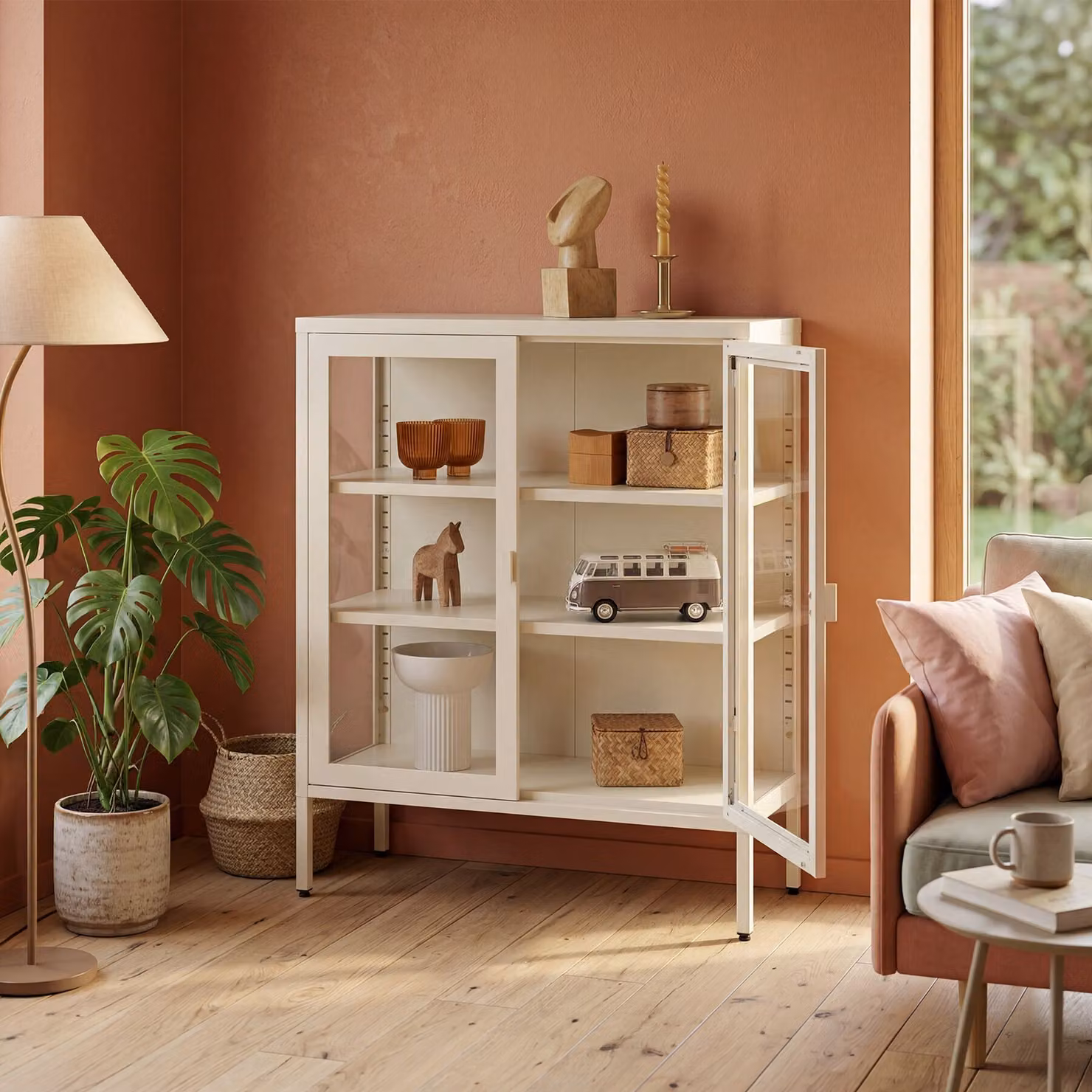 Vetrina moderna Tectake in metallo e vetro con ante in vetro, colore beige, L: 80,0 cm, P: 25,0 cm, H: 90,5 cm – 2